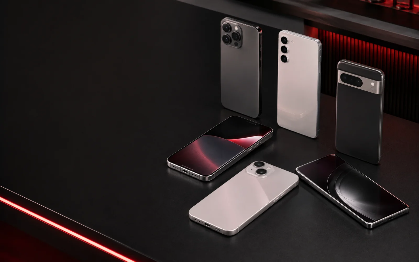 Selection of clean pre-owned smartphones displayed on a premium counter